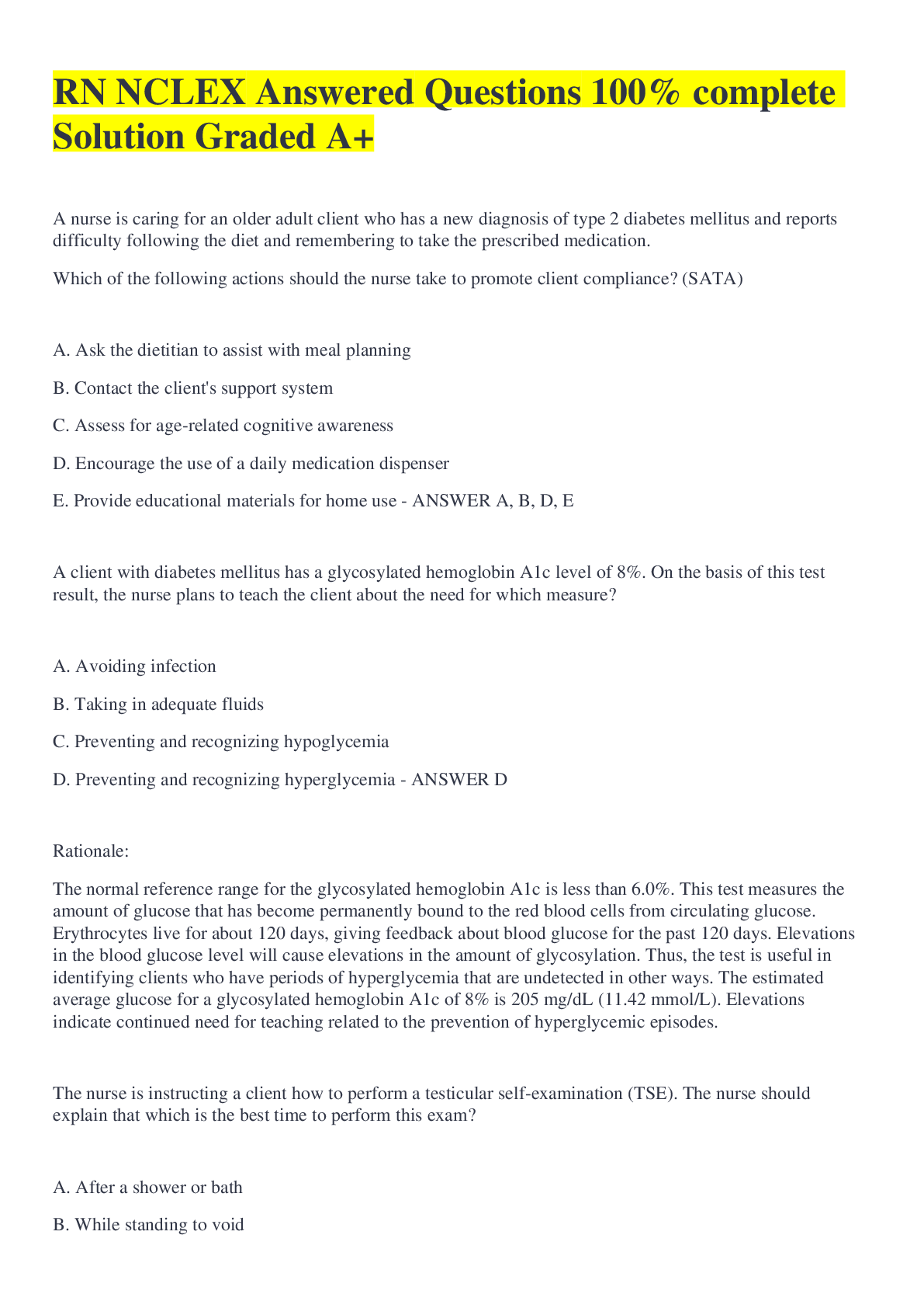 Preview image for RN NCLEX Answered Questions 100% complete Solution Graded A+